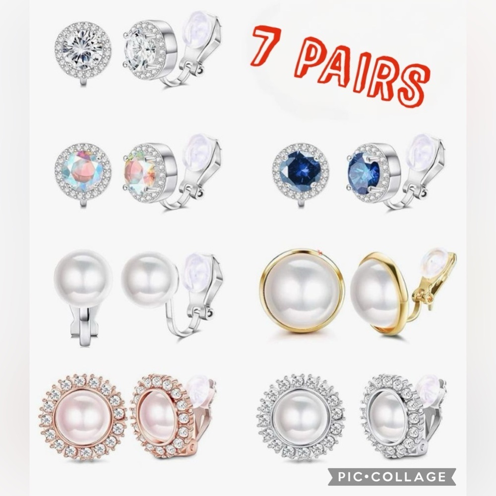 7 Pairs Clip Earrings SetsFashion Cubic Zirconia Crystal Freshwater Pearl